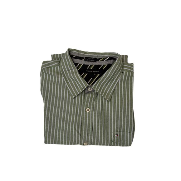 Tommy Hilfiger Mens Striped Button Up Long Sleeve Shirt Green and White Shirt - Picture 7 of 11